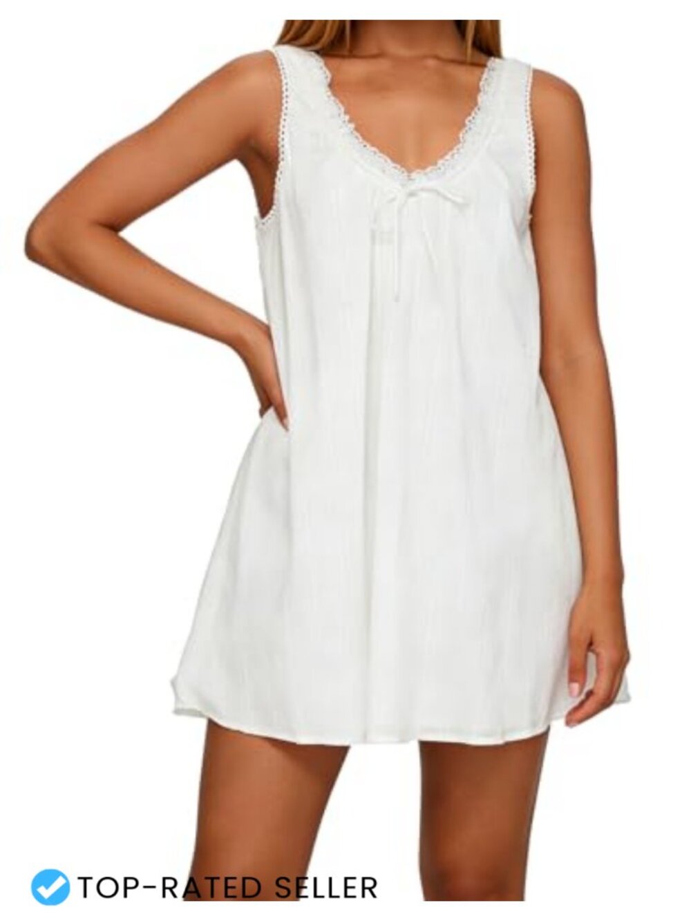 Womens Babydoll Tank Mini Dress V Neck Lace Trim Low Back Swing Summer Sundress